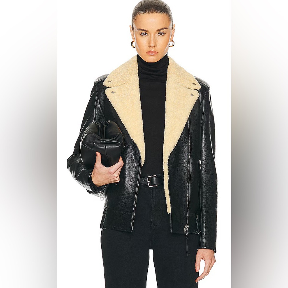 Coach Leather Biker Jacket with Shearling Collar - Black